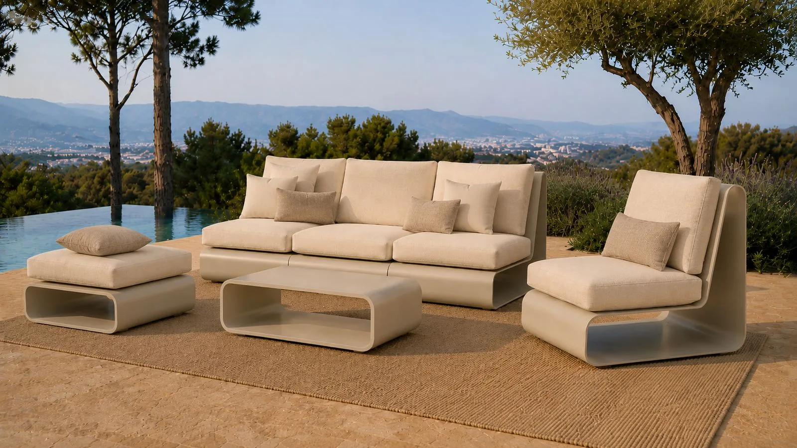 TERRA modular composition beside a pool with mountain views