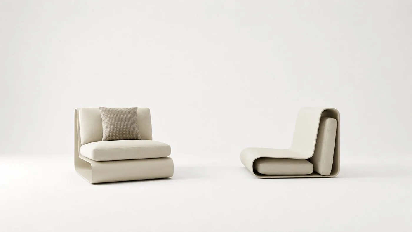TERRA seat shown from the front and in profile, revealing its hollow curved structure