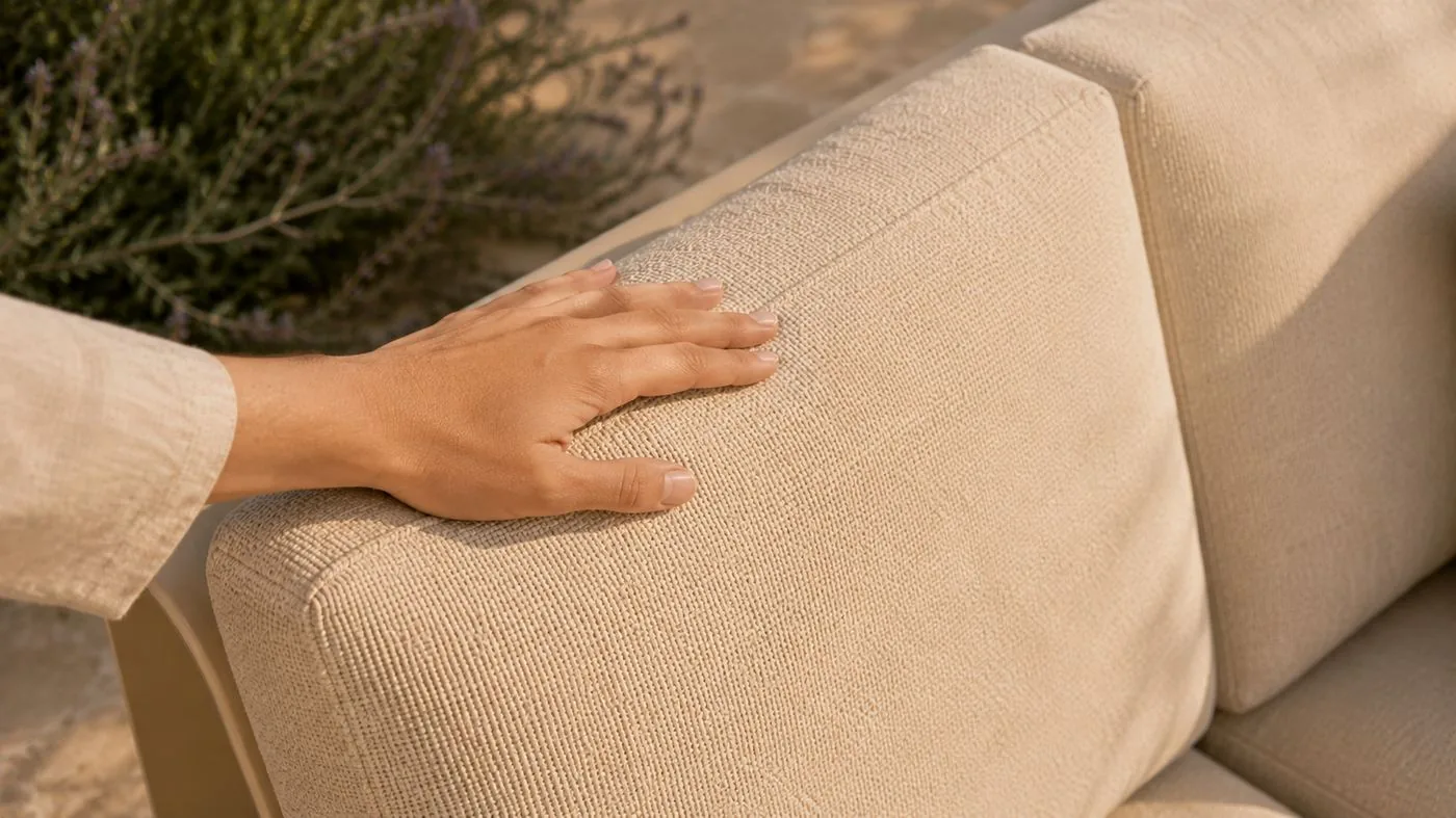 Hand touching the TERRA cushion fabric